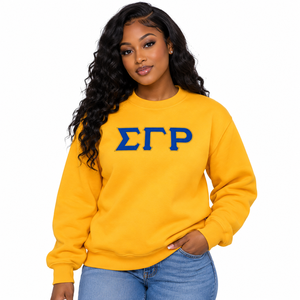 Sudadera de Cuello Redondo Amarillo Dorado Sigma Gamma Rho con Aplique de Letras Griegas Azules, Sudadera Universitaria de Manga Larga - Product Image 1