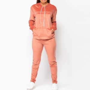 Women Velvet Tracksuit Set Hooded Full Length Pants Drawstring Side Pockets Solid Color Casual Autumn Wear - Product Image 5