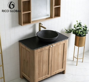 Meuble-lavabo moderne en bois RICO GLOBAL avec vasque en pierre, lavabo rond, armoire sur pied, miroir inclus, design contemporain - Product Image 1