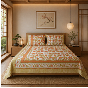 Pigment <b>Block</b> Printed Floral 100% Cotton 200TC 3-Piece Flat <b>Bed</b> Sheet Set Durable Skin-Friendly Eco-Friendly Machine Washable - Product Image 5