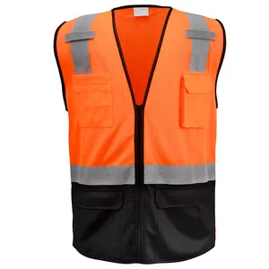 Construction Industrial Black Orange Customize Logo Reflective Hi Vis Protective Workwear Hi Vis Work Safety Vest With Pockets