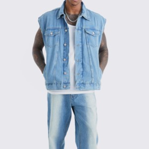 Gilet en jean pour homme, décontracté, sans manches, boutonné, en coton délavé, coupe classique, style automne, couleur unie - Product Image 3