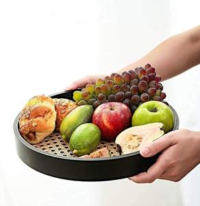 Bandeja Redonda Rústica con Diseño de Malla, Marco de Madera Negra, Bandeja Decorativa para Otomanas, para Alimentos, Bebidas, Maquillaje y Almacenamiento - Product Image 1