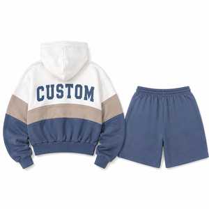 100% Cotton Fleece Tracksuit Set Color Block <b>Cropped</b> <b>Zip</b> <b>Up</b> Hoodies Drawstring Sweat Shorts Custom Embroidery Women Two Piece - Product Image 5