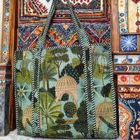 Sac fourre-tout artisanal léger en coton matelassé imprimé à la main de Jaipur, style bohème, couleur unie, fermeture éclair durable, écologique
