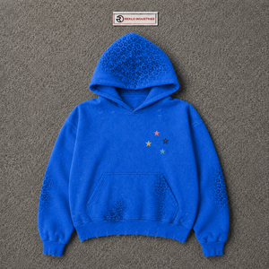 Sweat à capuche bleu oversize délavé avec broderie étoile multicolore, motif léopard ton sur ton, style streetwear vintage - Product Image 5