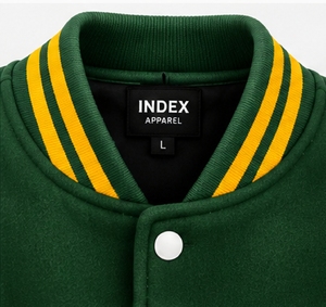 Veste de baseball en laine brodée verte et blanche pour homme Index Apparel, avec manches contrastées et boutons-pression - Product Image 5