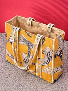 Factory Direct Mustard Yellow Pink Floral Cotton Kantha Quilted Storage Tote <b>Bag</b> Women Shoulder Travel Carrying Handbag Striped - Product Image 5