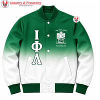 Jaket Varsity Satin Ombre Wanita Iota Phi Lambda dengan Bordir Huruf Yunani, Kancing Tekan, Kerah Rajut Rib, dan Manset Rajut