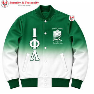 Chaqueta universitaria de satén ombré para mujer Iota Phi Lambda con letras griegas bordadas, botones a presión y cuello y puños de punto acanalado, estilo Letterman - Product Image 4