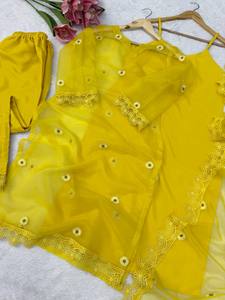 Ensemble Salwar Kameez brodé jaune, tenue traditionnelle indienne et pakistanaise, dupatta en dentelle, pour fêtes et mariages, pour femmes - Product Image 5