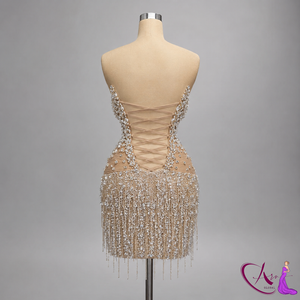 Robe courte à paillettes champagne pour femmes |   Robe de soirée sans manches de créateur |   Tenue de soirée ornée de perles, faite à la main - Product Image 4
