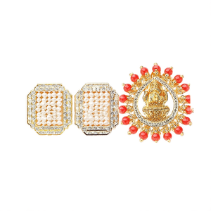 Vintage 14K Gold Plated Brass Pearl & Diamond Geometric Stud Earrings - Product Image 3