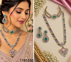 Ensemble de colliers élégants en pierre AD double couche, comprenant un collier ras-du-cou et un long collier en diamant américain brillant, avec boucles d'oreilles pendantes assorties, vente en gros - Product Image 1