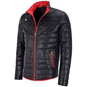 Chaqueta Acolchada de Cuero Negra para Hombre con Ribete Rojo, Cuello Alto y Cierre de Cremallera, Producto Terminado para la Temporada de Invierno - Product Image 5