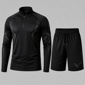 Men's Quarter-Zip Pullover Shorts <b>Set</b> Solid Eco-Friendly Spandex <b>Knitted</b> Quick Dry Casual Spring Wear - Product Image 1