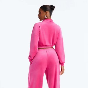 Conjunto de Sudadera Corta Rosa con Cierre y Pantalones con Cordón para Mujer, Ropa de Otoño, Manga Larga, Color Sólido, Cuello Camisero - Product Image 2