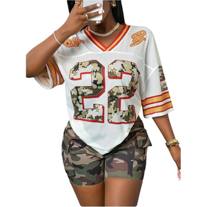 Maillot de football en mesh à col en V pour femme, manches courtes, coupe ample, respirant, imprimé, vêtements de sport, style été - Product Image 4
