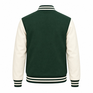 Chaqueta Varsity para Hombre, Verde con Mangas Blancas, Cuello Alto, Cierre de Botones, Abrigo Casual de Invierno, Servicio OEM - Product Image 2