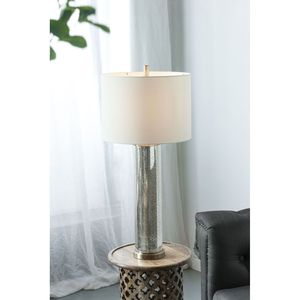 Lampada da Tavolo in Vetro Specchiato Oro 16x16x35 con Paralume in Tessuto Bianco, Elegante Decorazione per la Casa - Product Image 1