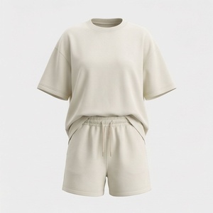 Conjunto de 2 Piezas para Mujer, Camiseta de Manga Corta de Color Sólido Tejida y Pantalones Cortos por Encima de la Rodilla, Cuello Redondo, Corte Holgado, Informal, para Primavera y Verano - Product Image 1