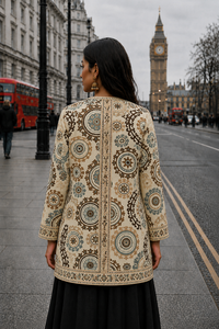 Women's Winter <b>Jacket</b> with Hand Embroidered Suzani Design <b>White</b> Fabric Bridesmaid Gift or Women's Clothing OEM ODM Bulk Sale - Product Image 2