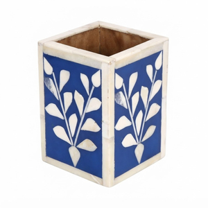 Vase à fleurs en résine bleu avec incrustation d'os, motif floral de luxe, pot décoratif de table, artisanat indien artisanal en gros - Product Image 1