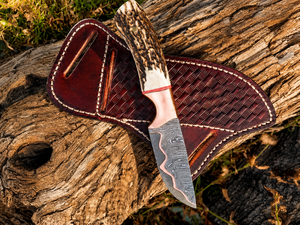 Cuchillo vaquero Skinner de acero damasco y cobre con funda de cuero y mango de asta de ciervo, regalo para él, regalos de boda. - Product Image 4