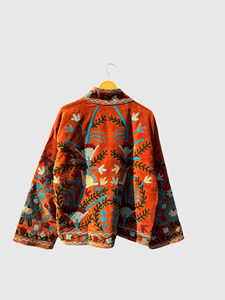 Veste en velours brodée de fleurs orange, col mandarin, manches longues, grande taille, vêtements d'automne pour femmes - Product Image 2