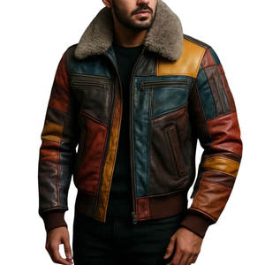 Blouson de moto matelassé vintage marron en fourrure de mouton pour homme, col montant, grande taille, coupe-vent, vêtement d'extérieur d'hiver - Product Image 4