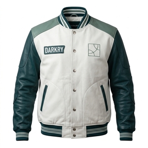 เสื้อแจ็คเก็ตหนังแท้สีเขียวเข้มสำหรับผู้ชาย แบบ Varsity ตกแต่งด้วยผ้าปะติดปะต่อ ติดกระดุมแบบ Snap  ทรง Letterman  แบบเบสบอล  ทรง Bomber - Product Image 1