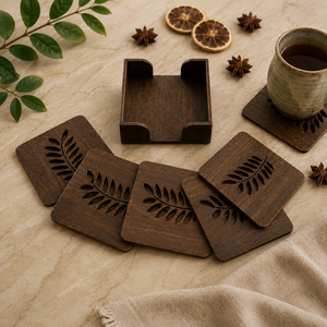 Leaf Cutout Solid Wood Coaster Set Handcrafted Heat Resistant Drink Mat Rustic <b>Table</b> <b>Protector</b> Coffee Tea Cup Holder - Product Image 1