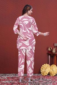 Ensemble coordonné femme en microfibre rose bébé, imprimé écologique, col rond, deux pièces, grandes tailles du S au 6XL, vente en gros - Product Image 4