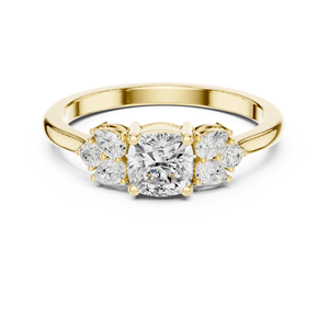 18K Yellow Gold <b>Cushion</b> Cut Diamond Engagement Ring with Pear Side Stones | Luxury Three Stone Bridal Ring | Fine Jewelry - Product Image 4