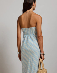 Robe sans manches rayée bleu clair pour femme avec ceinture, élégante, longueur genou, en satin, style printemps-été, confortable - Product Image 3