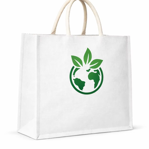 Sac fourre-tout en jute laminé blanc avec poignée en corde, logo personnalisé, écologique, réutilisable, promotionnel - Product Image 1