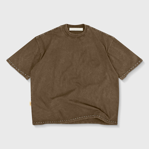 Men's Brown 100% Cotton T-Shirt Short Sleeve Regular Fit <b>Turtleneck</b> Rhinestone Trim Casual Hip Hop Cartoon Print Front Logo - Product Image 1