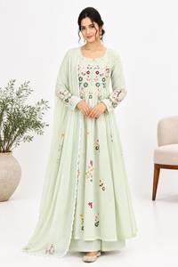 Pink Embroidered Chanderi <b>Silk</b> Floor-Length Quick Dry Salwar Kameez Set A-line <b>Kurta</b> Pant Dupatta Traditional Indian Pakistani - Product Image 3