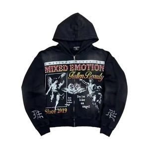 Sweat à capuche zippé surdimensionné pour homme, 100% coton, avec motif graphique en strass, épais, imperméable, style urbain, 450g, OEM - Product Image 1