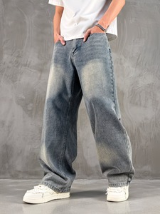 Jeans holgados de corte relajado con tono vintage para hombre |   Pantalones Vaqueros Anchos de Mezclilla Azul Retro |   Pantalones Casuales de Pierna Recta Estilo Skater - Product Image 2