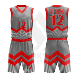 Ensemble de maillots de basket-ball géométriques gris et rouges personnalisés, sans manches, col en V, évacuation de l'humidité, impression sublimée, unisexe adulte, 100% polyester - Product Image 2
