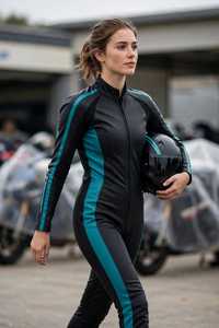 Combinaison de course moto en cuir pour femme, noire et turquoise, à blocs de couleur, manches longues, une pièce - Product Image 6