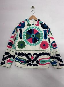 <b>Boho</b> White Embroidered Cotton Jacket Long Sleeve Loose Fit Geometric Pattern Hand Embroidery All Seasons Daily Wear Elegant - Product Image 3