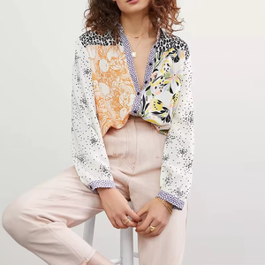 Blusa de Algodón Personalizada de Fábrica OEM para Primavera/Verano, Camisa Casual con Estampado de Moda y Parches en Contraste para Mujer, Transpirable - Product Image 1