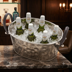 Luxury Hammered Stainless Steel Oval <b>Ice</b> Bucket With Dark Leather Handles Party Wine Beer Beverage Tub For Wedding & Party - Product Image 4