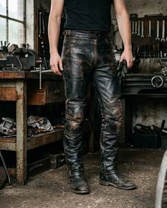 Pantalon moto en cuir noir vieilli à lacets, taille haute, coupe droite, avec braguette boutonnée, pour l'hiver - Product Image 2