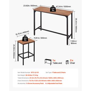 Set di mobili da bar da 47 pollici, 3 pezzi, tavoli e sedie da bar, tavolo da pub rettangolare con bordi arrotondati e 2 sgabelli - Product Image 3