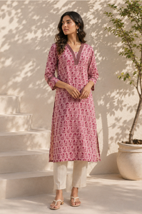 Kurti rose à imprimé floral pour femme, col en V, manches trois quarts, coupe droite, tunique ethnique, décontractée, élégante, confortable, à porter au quotidien - Product Image 6