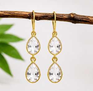 Pendientes Colgantes de Cuarzo Cristal en Forma de Lágrima, Plata de Ley 925, Chapados en Oro |   Pendientes de cuarzo transparente con forma de pera facetada |   Handma - Product Image 2