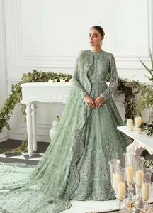 Premium Pakistani Bridle Dress Mint Green Sage Pastel Floor Length Bridal Maxi Gown With Delicate Floral Threadwork Sequin - Product Image 5